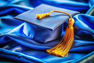 Blue Graduation Cap with Golden Tassel on Satin - Academic Achievement
