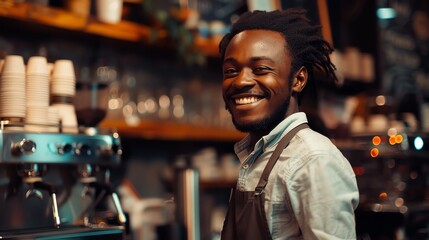 Fototapeta premium Cheerful barista making coffee in cafe.