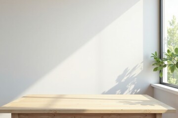 Fototapeta premium Sunlight Illuminates Empty Wooden Tabletop Near Window with Plant Shadow