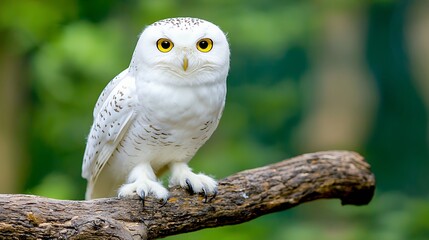 Majestic Snowy Owl Perched on Weathered Branch in Serene Forest Setting