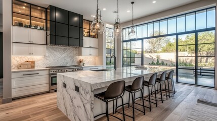 Contemporary kitchen design featuring glossy marble finishes and a spacious island with seating