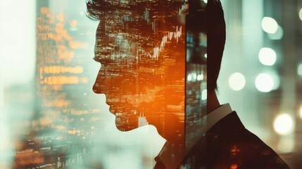 Confident trader's profile with urban cityscape and digital overlay revealing financial data trends