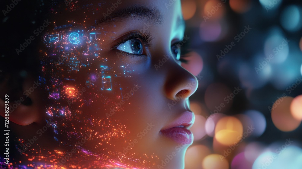 Aufkleber conceptual portrayal of a child's face with digital elements highlighting imagination and creativity
