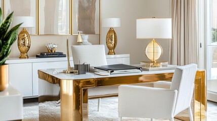 Modern home office design featuring elegant gold accents and contemporary furnishings for a sophisticated work environment
