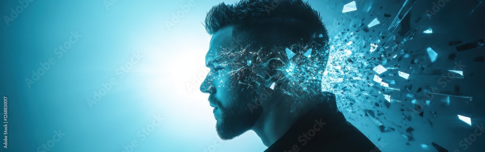 Poster conceptual depiction of a glowing man with a shattering effect, showcasing the power of imagination 