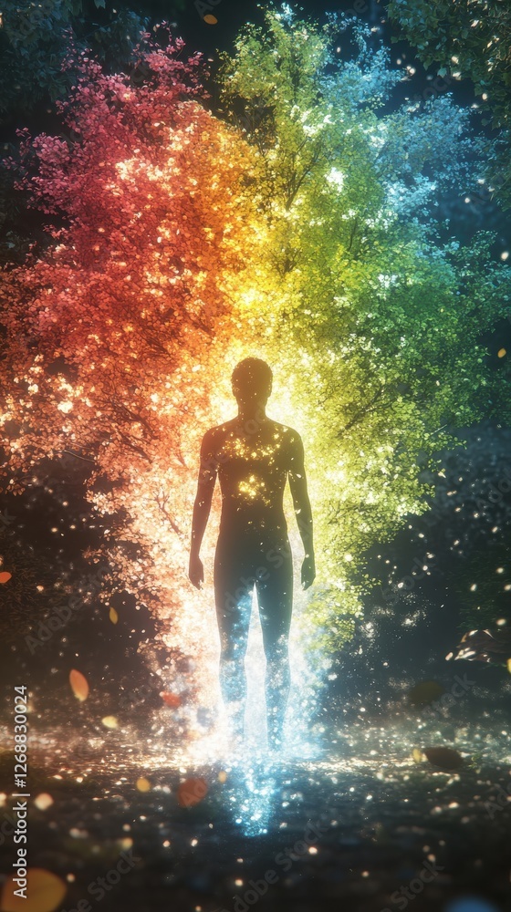Aufkleber man glowing with vibrant colors surrounded by shimmering nature at twilight, illustrating a unique b