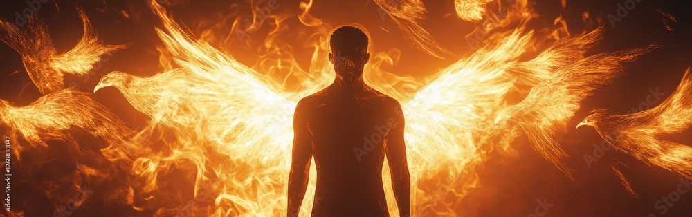Fototapete Man illuminated by flames with ethereal wings surrounded by firebirds in a dark setting