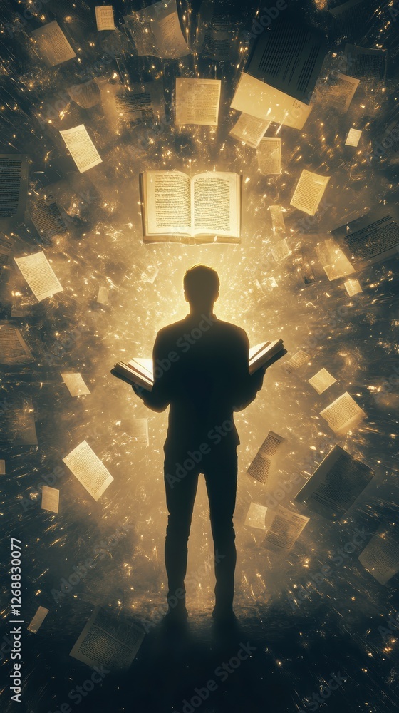 Poster man surrounded by glowing books while reading in an ethereal space filled with light and knowledge