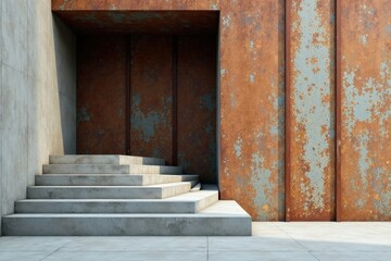 Concrete Steps Leading to a Rustic Metal Wall