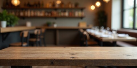 Rustic wooden table top in a softly blurred background setting of an inviting restaurant with warm lighting and comfortable seating