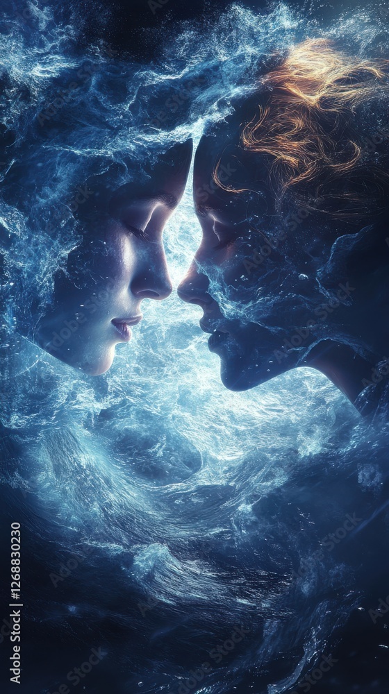 Poster conceptual depiction of two glowing faces merging within flowing waves of light and energy at twilig