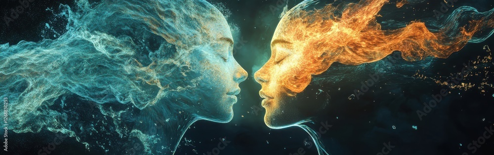 Poster conceptual depiction of two glowing faces representing fire and water in a dynamic visual contrast