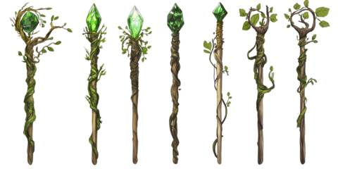 Collection of enchanted wooden staves with green crystals and leafy vines