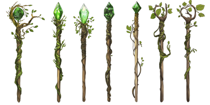 Collection of enchanted wooden staves with green crystals and leafy vines - Powered by Adobe