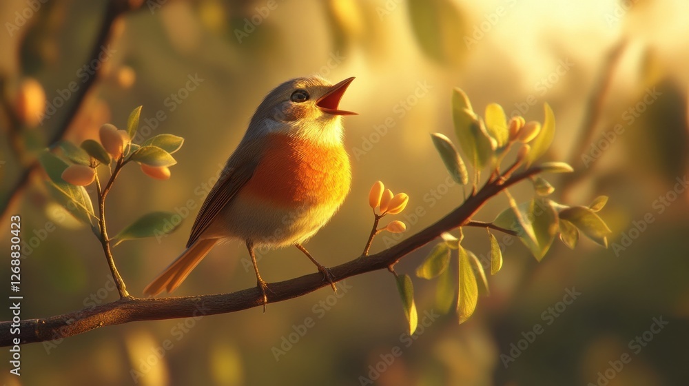 Aufkleber robin singing on a budding branch during golden hour in a tranquil garden setting