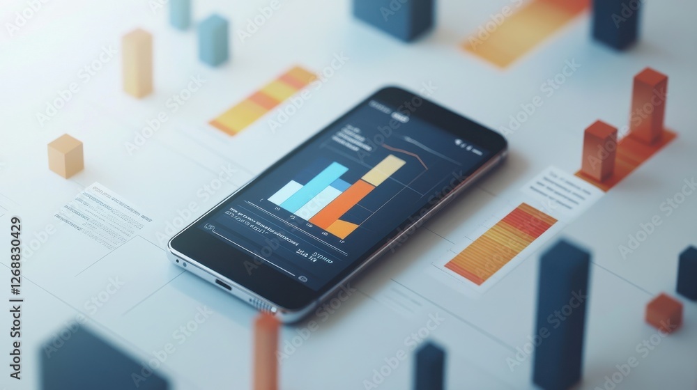 Poster smartphone displaying data visualization with colorful charts on a clean workspace