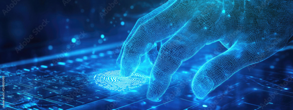 Aufkleber futuristic digital fingerprint authentication on a glowing keyboard