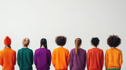 Colorful lineup of eight individuals showcasing diverse hairstyles and vibrant outfits in a studio space