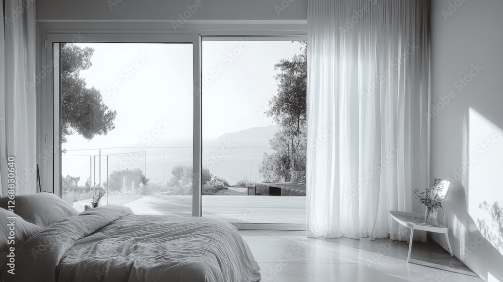 Poster large bedroom featuring a soft monochrome palette with expansive windows and serene views of nature