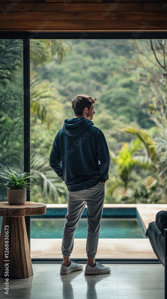 Aufkleber young man contemplates nature while standing by a large window in a modern minimalist home near a tr