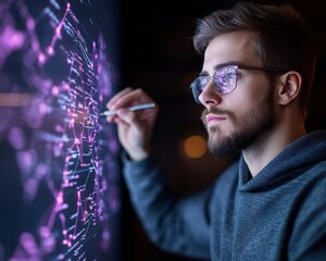 Young Man Interacting With Glowing Purple Network Data Screen