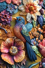 Colorful and ornate wall decor using latex strands, featuring floral and bird patterns