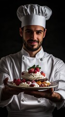 Portrait of a smiling chef presenting an exquisite dessert with raspberries and cream in a dimly lit kitchen