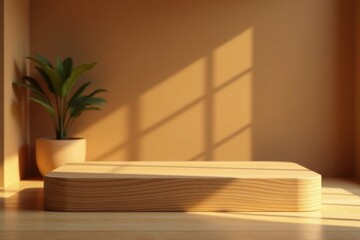 Fototapeta premium Warm Sunlight Illuminates a Simple Wooden Display Platform, Ideal for Product Presentation or Interior Design Mockups