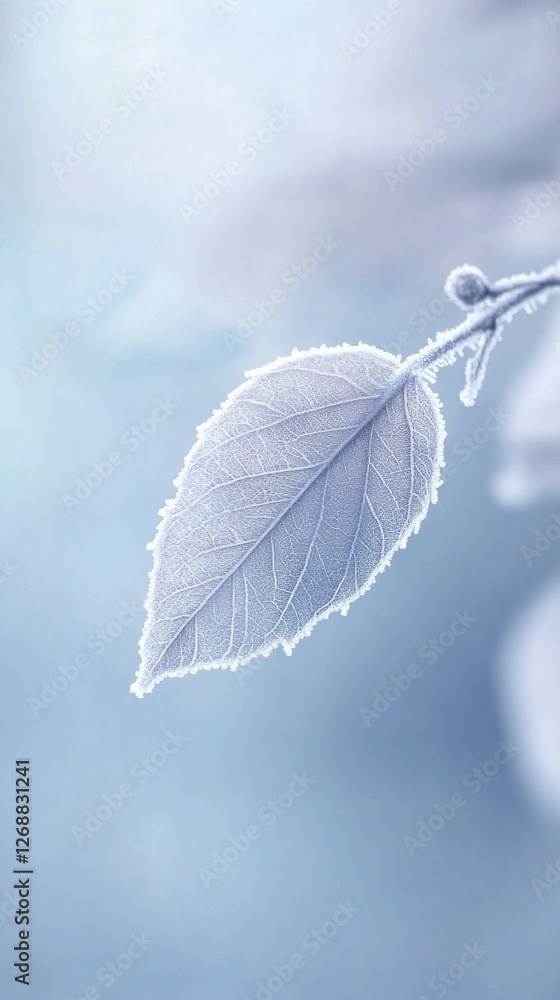 Poster Close-up view of a frosted leaf showcasing intricate textures and details in a serene winter environment