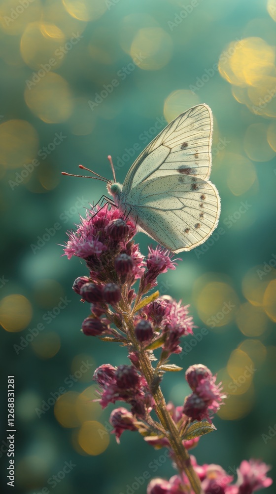 Poster close-up of a delicate butterfly resting on a vibrant pink flower illuminated by soft sunlight