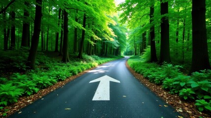 Obraz premium Asphalt Pathway Through Lush Green Forest With An Upward Arrow Indicating Progress and Direction