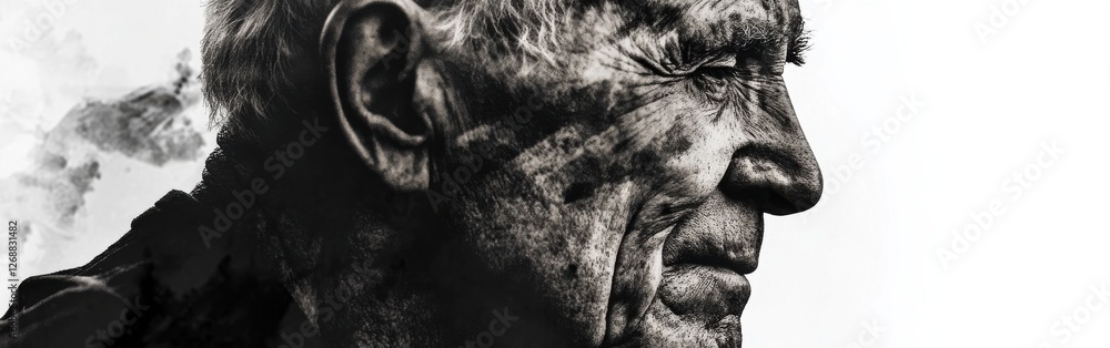 Aufkleber portrait of an elderly man with deep wrinkles and expressive features against a watercolor backgroun