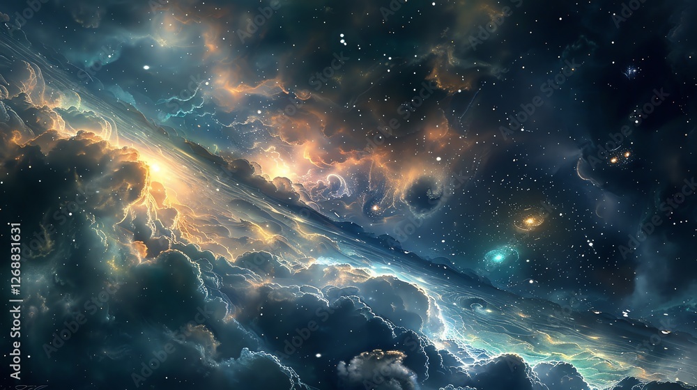 Poster amazing space nebula. glowing stardust and colorful gas clouds in the outer space.