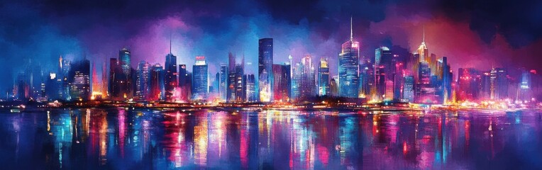 Obraz premium Vibrant city skyline with colorful reflections at night showcasing urban life and architecture by the water