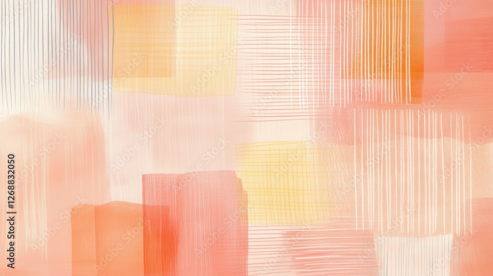 Poster soft pencil strokes create pastel grid patterns with warm hues of orange and yellow, evoking tranqui