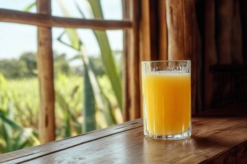 Glass of juice by wooden window.