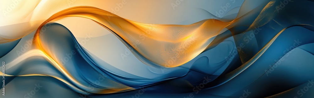 Poster flowing lines in muted gold and indigo create a serene abstract composition expressing calm and tran