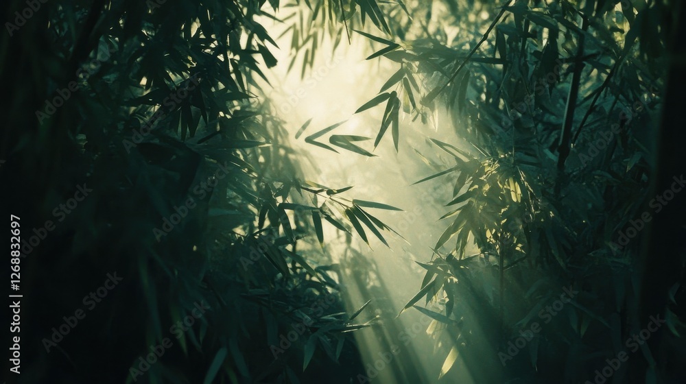 Aufkleber Sunlight filters through a dense bamboo forest creating a serene and tranquil atmosphere