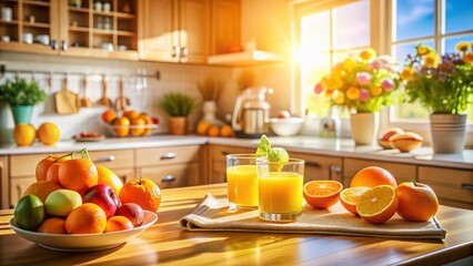 Bright Kitchen Countertop with Fresh Fruits, Orange Juice, and Morning Sunshine - Cozy Tilt-Shift Photo