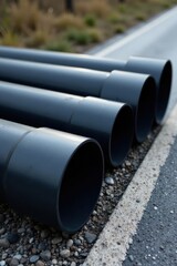 Fototapeta premium Large Diameter Dark Gray Pipes Resting on Gravel Beside Asphalt Roadway
