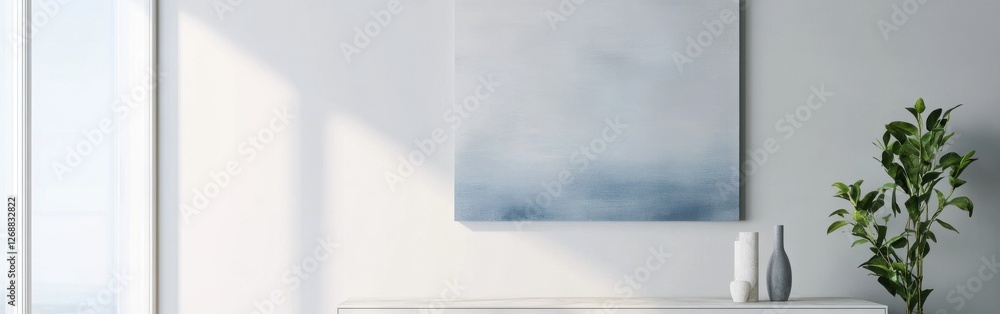 Poster minimalist white canvas displaying soft hues in a serene interior space with natural light