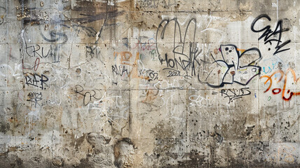 The aged face of a concrete wall, its flaws highlighted and beautified by an assortment of graffiti tags, creating a visually compelling abstract texture