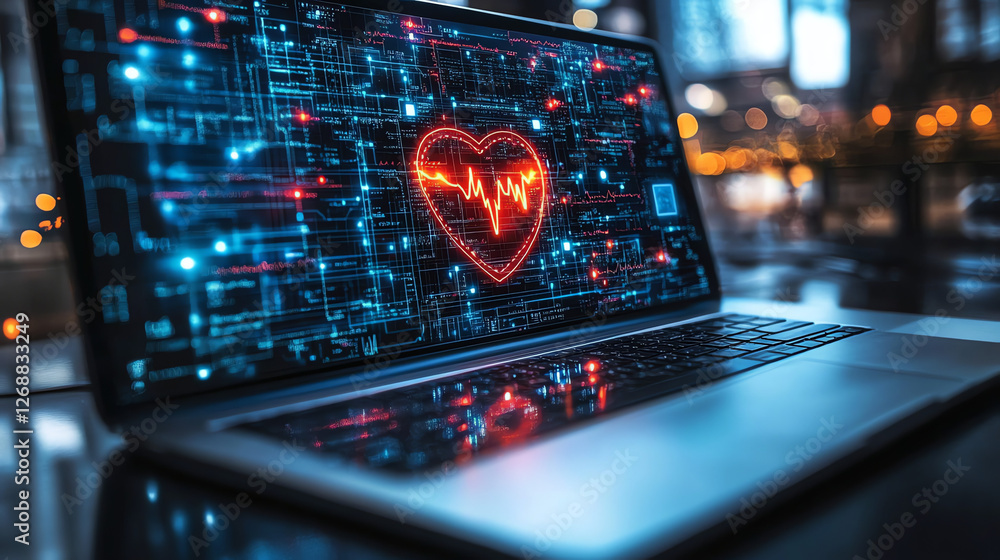 Poster digital heartbeat on laptop screen technology red web care data code