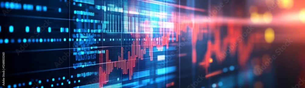 Aufkleber digital stock market data screen display showing red and blue graphs, city bokeh background