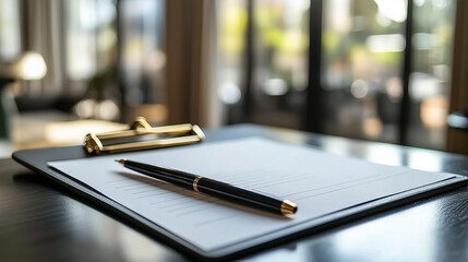 Elegant workspace setup showcasing a clipboard with blank paper and a stylish pen, perfect for organization and productivity in a modern office environment. Generative AI