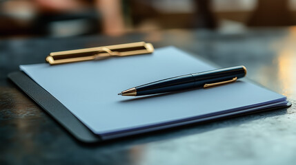 Clip board and pen resting on a table in a cozy cafe during the afternoon light, inviting creativity and thoughts for work or personal projects. Generative AI