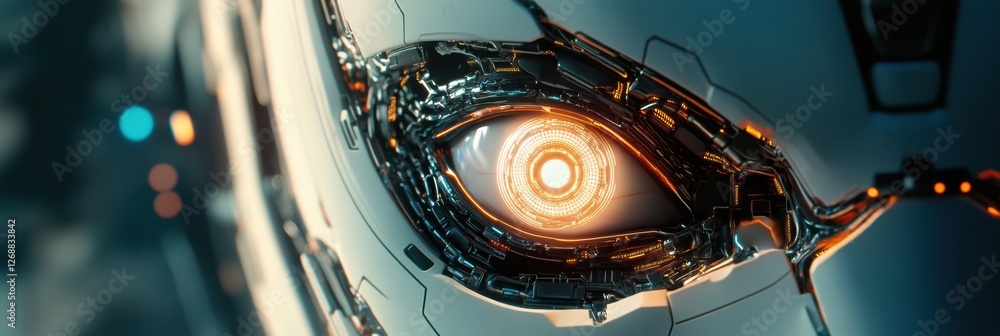 Aufkleber close up view of a glowing robotic eye surrounded by advanced circuits in a futuristic setting. gene