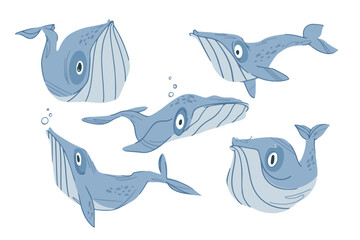 Set of stylized cartoon whales with big eyes and bubbles, mammals for alphabets, books and posters