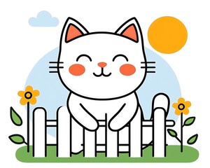Fototapeta premium Cheerful Cat Sitting on Fence in Bright Garden with Sunlight