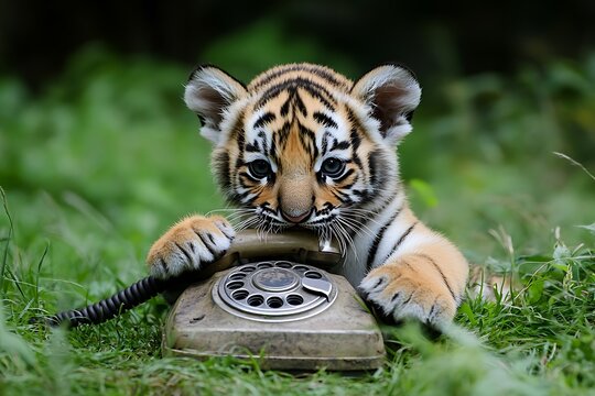 tiger cub playing with phone